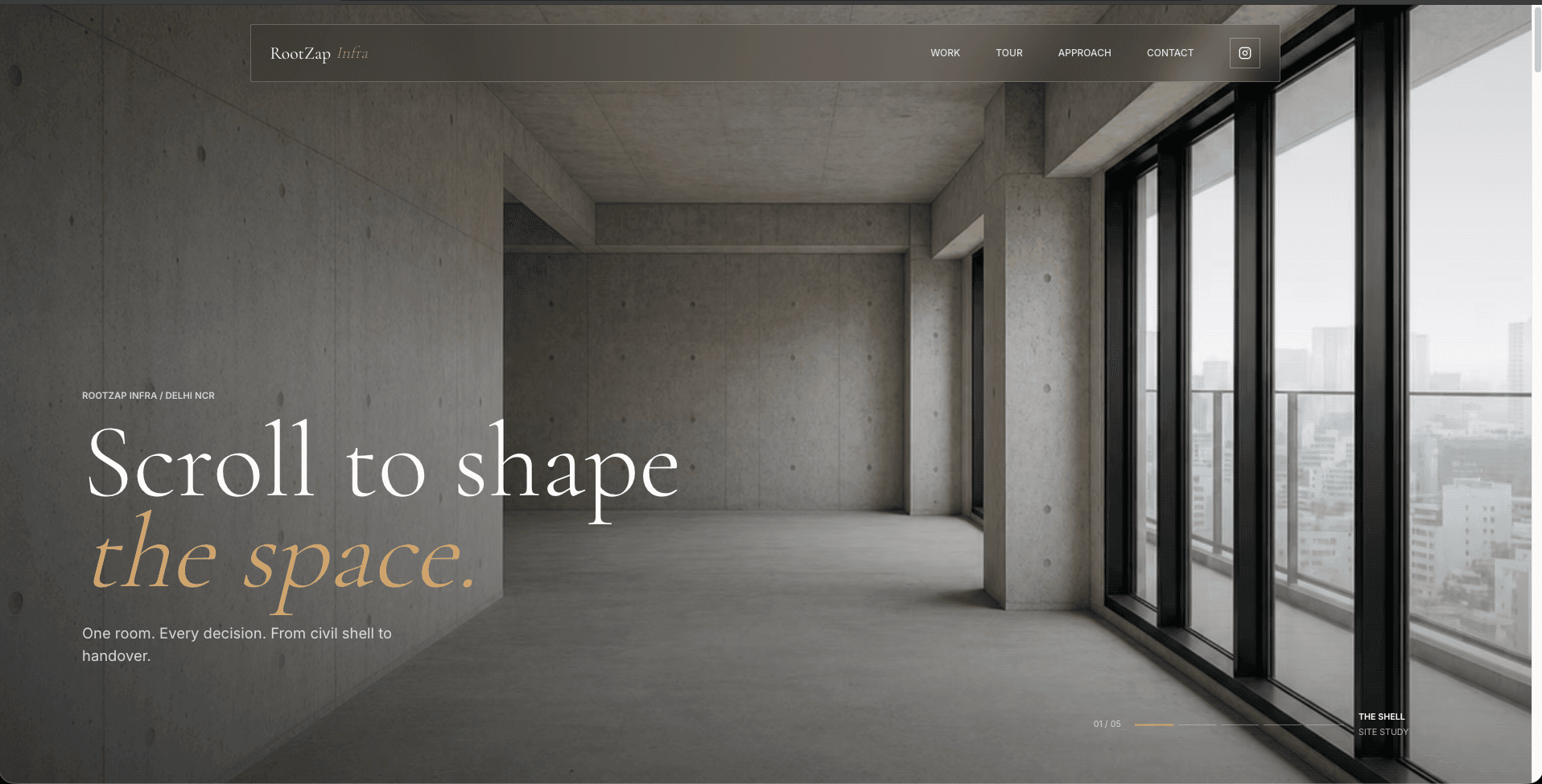 RootZap Infra interactive interior website showing a residential shell transformation